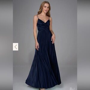 New AW Bridal Celestine Navy Satin Pleated Maxi Dress | Spaghetti Strap | NWOT